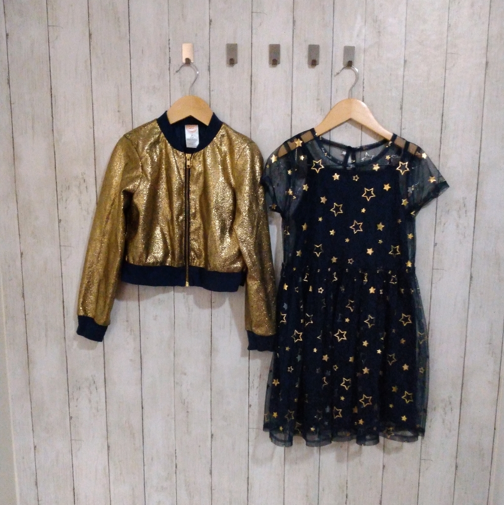 WonderNation Girls 7/8 Gold and Navey Dress